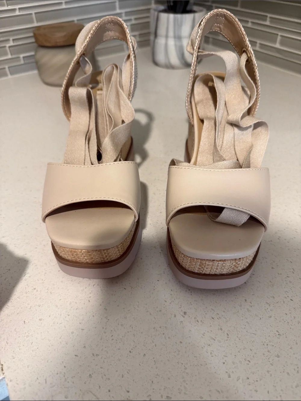 Soda Beige Platform Sandals with Ankle Wrap